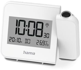 Hama Wecker mit Projektion (DCF Funkuhr mit Wand- oder Deckenprojektion, mit Thermometer, 2 Weckzeiten, Speed Alarm, Schlummerfunktion, Digitale Anzeige von Uhrzeit, Datum, Temperatur) weiß