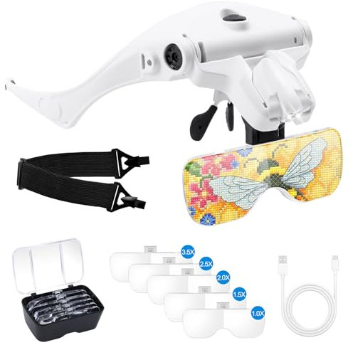 Kopflupe OBOVO Lupenbrille mit Licht LED Kopfbandlupe Wiederaufladbar, Verstellbare Headset Lupe mit 2 LED Licht Leichte Stirnband Lupe Gläser für Reparieren, 5 Linsen 1.0X, 1.5X, 2.0X, 2.5X, 3.5X