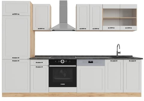 Vicco Küchenzeile R-Line, Weiß Landhaus/Goldkraft Eiche, 300 cm, AP Anthrazit, für Flexible Anordnung und Erweiterung mit Zusatzmodulen