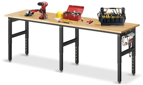 MUWOOD 96”Adjustable Work Bench, 5000 LBS Capacity Heavy Duty Workbench with Power Outlet & Pegboard, Rubber Wood Work Table for Garage, Workshop, Office, Home