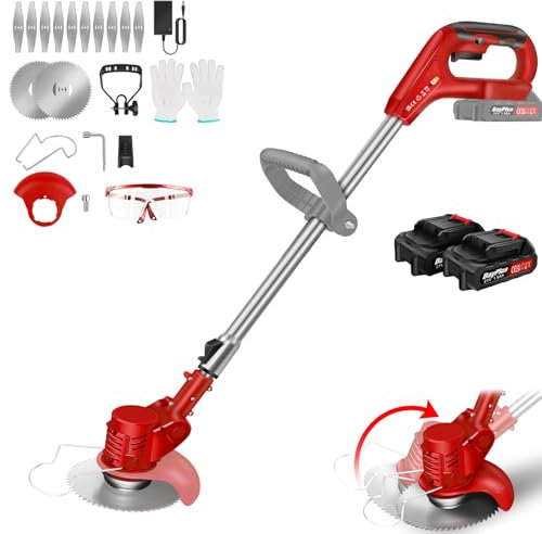 21V Grass Trimmer Electric Cordless Strimmer with 2x Battery, Red Lawn Mower, Pruning Cutter Garden Tools, Telescopic Lightweight Weed Hedge Trimmer Edge Trimmer for Garden Clearing Weeds Flower Trees