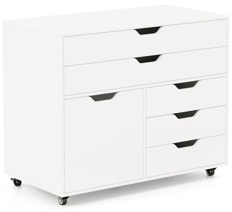 GIANTEX Rollcontainer mit 5 Schubladen & 1 Schrank, mobiler Aktenschrank mit 5 Rollen, Schubladenschrank unter Schreibtisch, 77,5 x 40 x 64 cm (Weiß) | Mehrzweck-Aktenschrank mit 5 Rädern für Büro, Arbeitszimmer und Wohnzimmer, 78 x 40 x 65 cm, Weiß