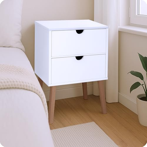 POSNORD Nachttisch mit 2 Schubladen 34,5 x 55,5 x 30 cm [B x H xT ] | Nachtschrank mit Massivholz Beinen | Nachtkommode Schmal & Modern 50 oder 55 cm Hoch | Nachttisch Weiß/Weiß