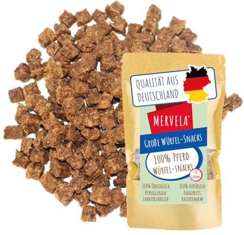 MERVELA® Würfelhappen Pferd für Hunde, 500 Gramm [Qualität aus Deutschland] für Allergiker Sensitive, Belohnung, Trainingssnack, getreidefrei, Hundesnack, hypoallergen, Hunde Leckerli