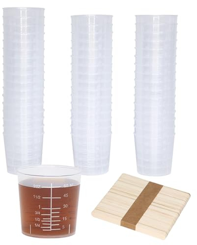 Pharamat 50 Pack 2 Ounce Plastic Graduated Cups, Transparent Scale Mixing Cups with 50 Pcs Wooden Stirring Sticks for Epoxy, Resin