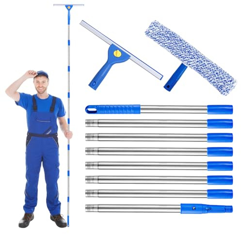Fensterwischer mit Langem Griff, 3,1m Fensterputzer, Teleskop Fensterwischer mit Schwamm und Rakel, 8-teilige Spleißstange, Fensterabzieher für Glas Fenster Putzen, Dusche und Glastür Reinigung, Blau