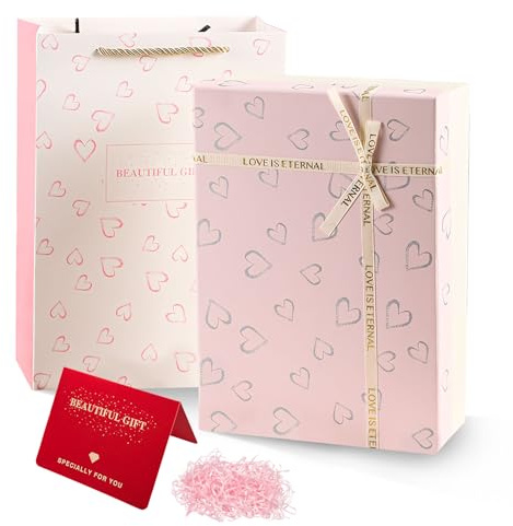 Geschenkbox 28x20x9cm, Geschenkkarton mit Deckel und Schleife, Geschenk Box Set mit Geschenktüten Rafia und Goldstempelgrußkarte, Geschenkkiste für Hochzeiten, Geburtstage, Jubiläum (Rosa)