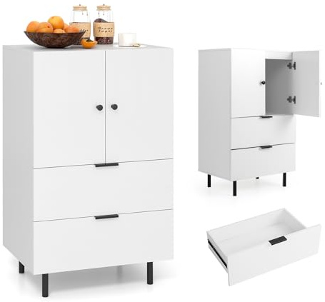 KOMFOTTEU Buffet de Cuisine avec Armoires à 2 Portes & 2 Tiroirs, Meuble Rangement, Pieds en Métal, Armoire de Cuisine, pour Salon, Salle à Manger, Couloir, 60 x 41,5 x 102 cm (Blanc)