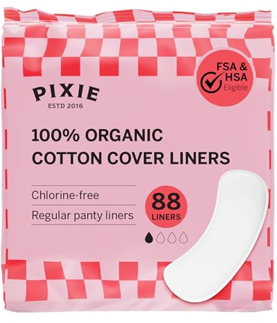 Pixie Organic Cotton Panty Liners for Women - Regular Wrapped Pantiliners - Light Absorbency & Ultra-Thin - Leak-Proof, Hypoallergenic & Unscented for Feminine Care - Compostable - 88 Count