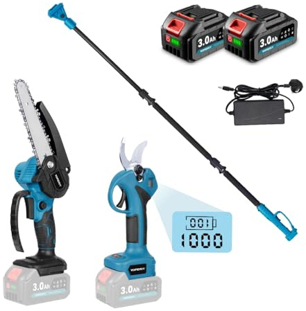 Yofidra 4-in-1 Cordless Pole Chainsaw, Electric Pole Saw & Pruning Shear with 15ft Telescopic Pole, 2x3000mAh Batteries & Charger, Pole Saw Long Reach Saw for Tree Trimming, Branch & Cutting