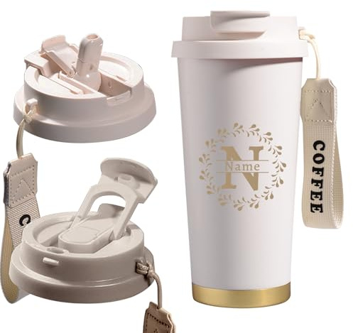 Tasse à Café Personnalisée avec Nom Mug Isotherme Cafe avec Couvercle & Paille Thermos Cafe Isotherme Inox Travel Mug Cadeaux Personnalisés pour Papa, Maman et Amis (Blanc)