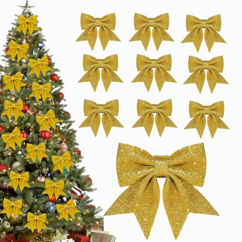 10 Stück Gold Weihnachtsschleifen,Glitzer Weihnachtsbaumschmuck Weihnachtsbaum Bogen Schleife, Weihnachten Schleifen für Weihnachtskranz Geschenke Deko