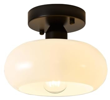 Semi Flush Mount Ceiling Light, Mid Century Modern Black Light Fixture with Milk Glass Shade 8.66''Vintage Ceiling Lamp for Entryway Hallway Foyer, Laundry Room, Schoolhouse