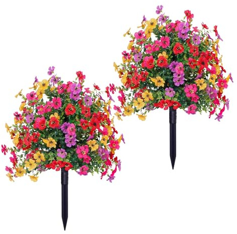 2PCS Artificial Violet Flower Topiary Tree with Ground Spike - 60cm Realistic Plastic Garden Decor, Indoor/Outdoor Artificial Plant for Home/Garden/Patio, Low-Maintenance Festive Gift (Mix colors)