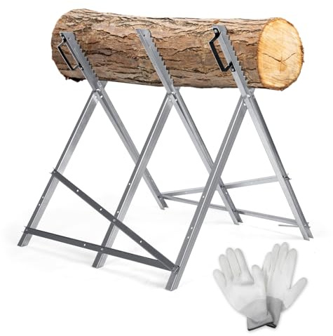 Izrielar 1 x vikbar sågbock med gratis handskar, 150 kg lastkapacitet och handtag, galvaniserad sågbock av metall för träbearbetning, 79 x 80 x 80 cm, silverfärger