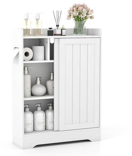 GIANTEX Armario de Baño, Mueble Auxiliar de Suelo con Puertas Correderas y Estantes Ajustables, Organizador con Soportes para Papel Higiénico y Cepillo para Salón, Cocina, 60 x 20 x 80 cm (Blanco)