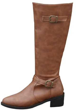 Vintage spetsad läderstövel för dam - tjocka fritidsskor ridstövlar plusstorlek spänne stövel dam mjukt läder mode stövlar bred klack, kaki, 41 EU