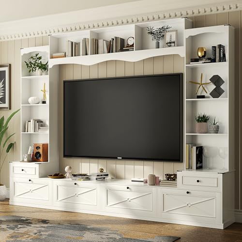 Loomie 104 W Wall Unit TV Stand with Storage for TVs up to 80, Large Farmhouse Wall Unit Entertainment Center with Bridge & Bookshelves, Tall TV Console Table Media Center for Living Room (White)