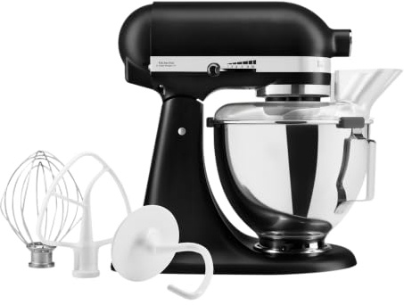 KitchenAid Classic Robot Pâtissier 4.3L à Tête Inclinable, 10 Vitesses Démarrage Doux, Batteur Plat, Crochet & Fouet, Mélange Planétaire, 59 Points de Contact, Noir Mat
