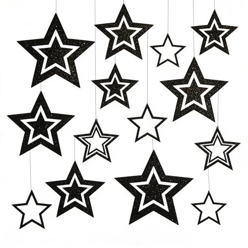 Glitzer Sterne zum Aufhängen Schwarz,14 STK Weihnachtsdeko Stern zum Aufhängen,Weihnachtssterne Deko,Weihnachtsanhänger Deko Sterne Weihnachten für Weihnachtsbaum,Deckenhänger,Neujahr Winter Deko