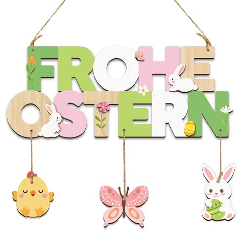 Frohe Ostern Türschild Holz, Türschild Willkommen Osterdeko, Oster Türdeko mit Küken, Hase & Schmetterling | Hängende Osterdekoration für Haustür, Fenster & Wand | Frühling & Ostern Deko