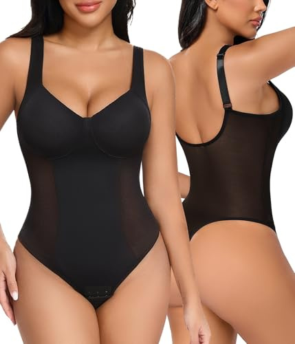 Niwicee Body Moldeador Mujer Fajas Reductoras Mesh Sexy Bodysuit Shapewear Reductor Abdominal Control de Abdomen Tanga Body Moldeador Invisible Tirantes Ajustables Body Shaper