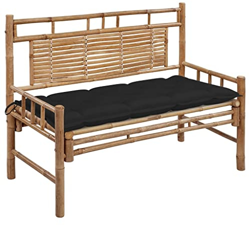 Hoopleep Banc de jardin avec coussin, 120 cm, en bois de bambou, résistant aux intempéries, 2 places, pour jardin, terrasse, véranda, coussin noir, stable et durable