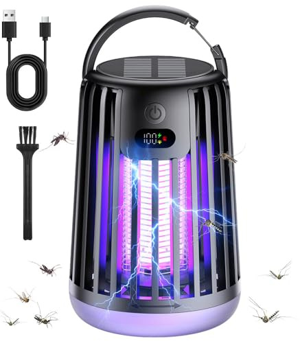 Solar Insektenvernichter Elektrisch, 2000V UV Mückenlampe mit Campinglicht, USB Wiederaufladbar Mückenfalle, Tragbare Wasserdichte Moskito Killer Lampe für Garten Camping Aussen, Schwarz