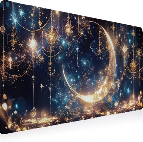 Tapis de Souris, Tapis Souris XXL 600 x 300 Gamer Mousepad, Rubber Base en Imperméable, Grand Bureau Gaming Mouse Pad Bords Cousus Imperméable Antidérapant pour Bureau Domicile Lune Étoile W0G1-1067