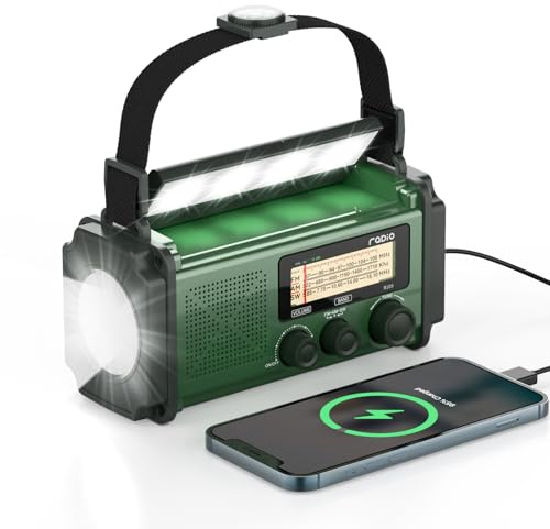 MONODEAL Kurbelradio mit Solar und Powerbank, Notfallradio mit Kurbel für Blackout, Camping und Notfall, Emergency Radio Eingebaute SOS Alarm und LED Leselampe