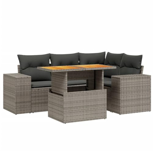 HFXHIJXQ 5-TLG. Gartenmöbel-Set Poly-Rattan Sofa-Gruppe mit höhenverstellbarem Akazien-Tisch 100 cm Grau platzsparend für kleine Balkone Terrassen und Gärten