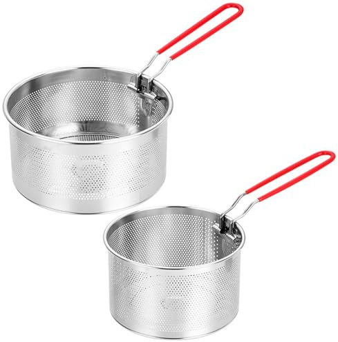 Novocloud 2 Piezas Cesta para Freidora Colador de Pasta de Metal Colador de Fideos con Asas Extraíble Colador de Cocina para Lavar, Escurrir, Freír, Hervir y Cocer al Vapor, 16cm+18cm
