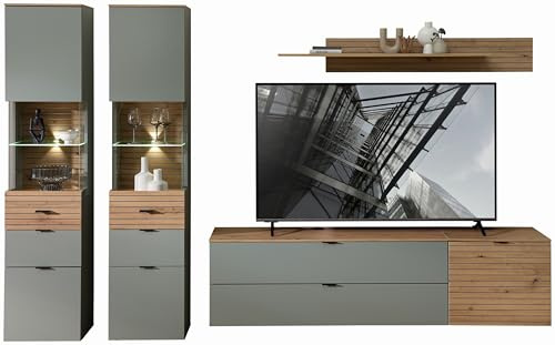möbelando Wohnwand Ina – Moderne TV-Wand mit LED-Beleuchtung, 320 cm breit, Schilfgrün supermatt, FSC®-Zertifiziert, viel Stauraum für Wohnzimmer