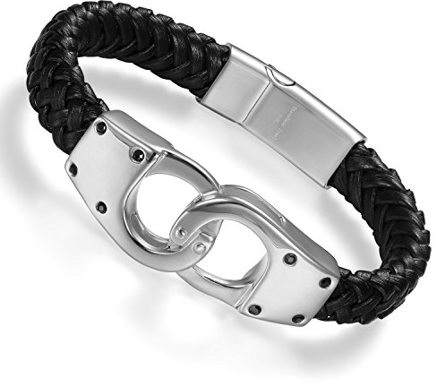 Cupimatch Herren Armband, geflochtenes Leder Armband mit Edelstahl Handschellen verbinden Design Armreif Kordelkette, Magnetische Schnalle, schwarz silber