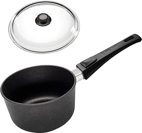 Eurolux Guss-Stiel-Topf Ø 16 cm Set mit Deckel - kleiner Universal-Milchtopf Aluguss mit abnehmbaren Stiel & Antihaft-Beschichtung - ohne Induktion - Made in Germany
