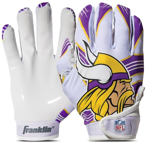 Franklin Sports Minnesota Vikings Youth NFL Football Receiver Gloves - Receiver Gloves for Kids - NFL Team Logos and Silicone Palm - Youth S/XS Pair