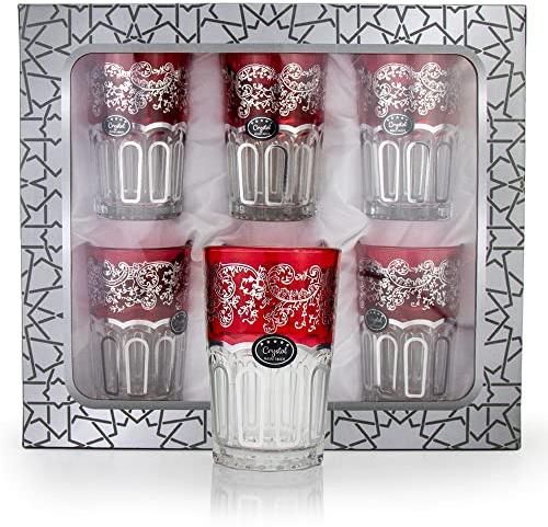 Juego de 6 vasos de té marroquí de primera calidad, color rojo y plateado