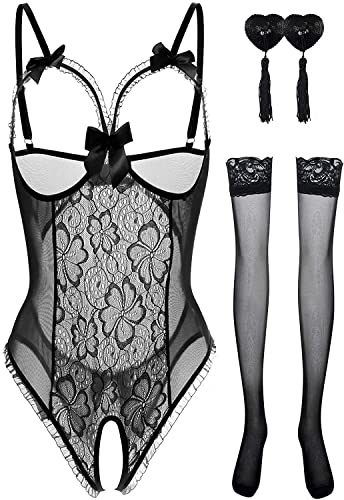 NLAND Conjunto de Lencería para Mujer Ropa Interior Suspender Backless Mesh Body de Encaje Bodysuit con Medias(Negro,Talla única)