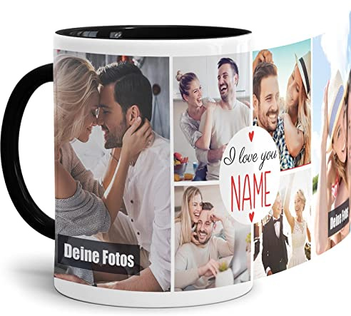 Foto-Tasse selbst gestalten - I love you - Collage mit 6 Fotos & Name - Geschenk für Familie, Freunde, Paar, Geburtstag, Weihnachten - Keramik, Innen & Henkel Schwarz, 300 ml