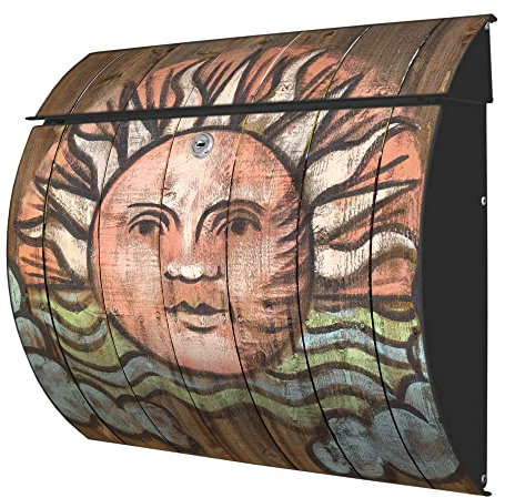 banjado® Burgwächter® Briefkasten anthrazit aus Stahl mit Motiv Sonne/Briefkasten ohne Zeitungsfach/Postkasten mit Kippdach & Öffnungsstopp, 2 Schlüssel