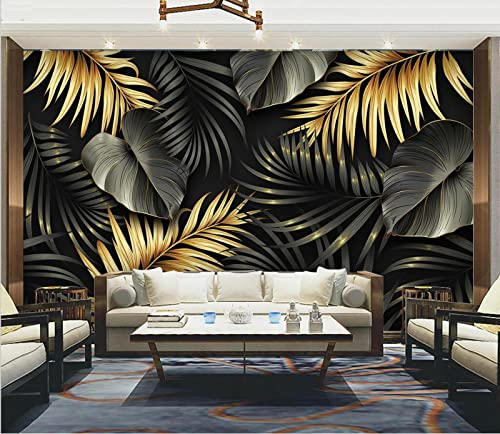 KEYESMINER Fototapete 3D Schwarze goldene Tropische Blätter 450 cm B x300 cm H Vlies Tapeten Wandtapete XXL Moderne Wanddeko Wohnzimmer Schlafzimmer Büro Flur