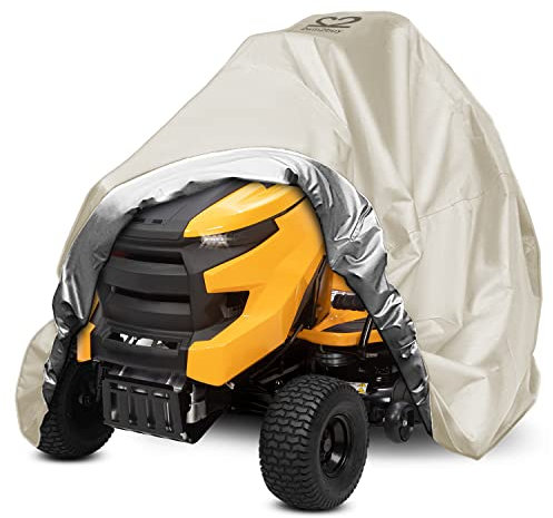 Riding Lawn Mower Cover, Heavy Duty Waterproof Polyester Oxford Tractor Cover UV & Dust & Water Resistant,Universal Fit Decks up to 54 with Elastic Cord & Storage Bag (Beige)