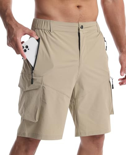 Danfiki Vandringsshorts män med blixtlåsfickor smarta promenadshorts snabbtorkande, Khaki, M