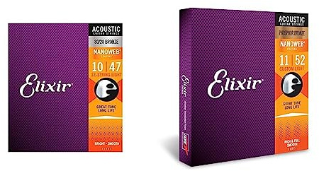 Elixir® 11152 Saiten 80/20 Bronze 12-saiter Akustik-Gitarrensaiten & 16027 Saiten Phosphor Bronze Akustik-Gitarrensaiten mit NANOWEB Beschichtung, Custom Light (.011-.052)