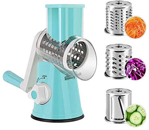 Coupe-légumes multifonctionnel et trancheuse,Râpe légumes manuelle multifonction,Mandoline légume,Râpe à Légumes Manuelle avec Tambours Rotatifs en Acier Inoxydable,Decoupe Legumes Manuel (Bleu)
