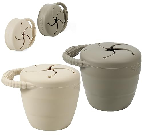 PandaEar 2 Pack Toddler Snack Pots, Collapsible Silicone Baby Snack Pots Cups, Spill Proof Toddler Snack Box Storage Container Food Catcher, Light Tan/Walnut