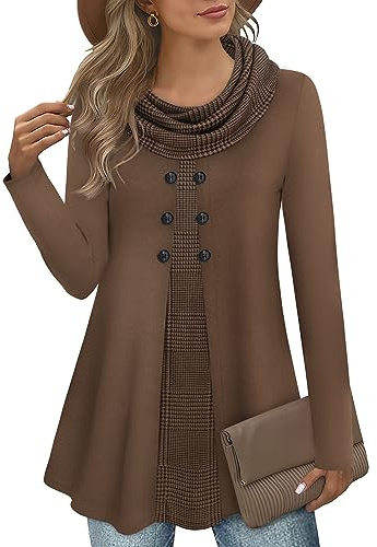 Gaharu Tunique femme manches longues élégante pullover long sweatshirt col châle patchwork pull, café, XXL
