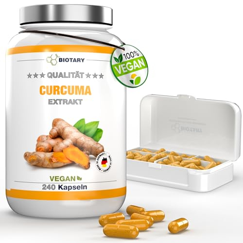 Extrait de Curcuma - 240 gélules - Teneur en curcumine équivalent à 17 500 mg de Curcuma - 4 mois de stock - Pilulier inclus - Hautement dosé 98% - Végétalien - Testé en