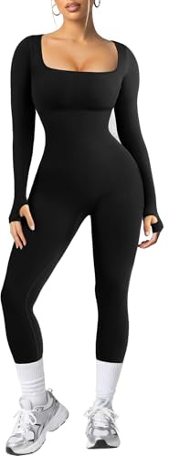 Popilush Jumpsuits for Women Long Sleeve Built-In Bra Square Neck Full Length Leggings Bodycon Stretch Workout Outfits