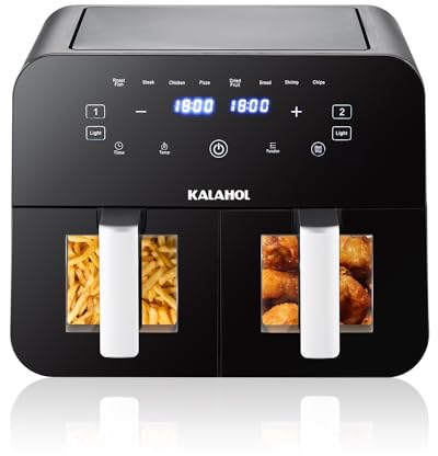 KALAHOL 2024 Friggitrice ad Aria Doppio Cestello, 10L, 2400W, Finestra Visiva, preimpostazioni di cottura 8 in 1, touch screen, impostazione timer, lavabile in lavastoviglie